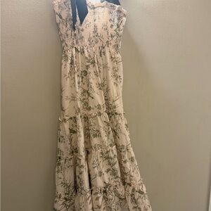 NEW Floral Smocked Tie Strap Midi Dress in Cream and Green